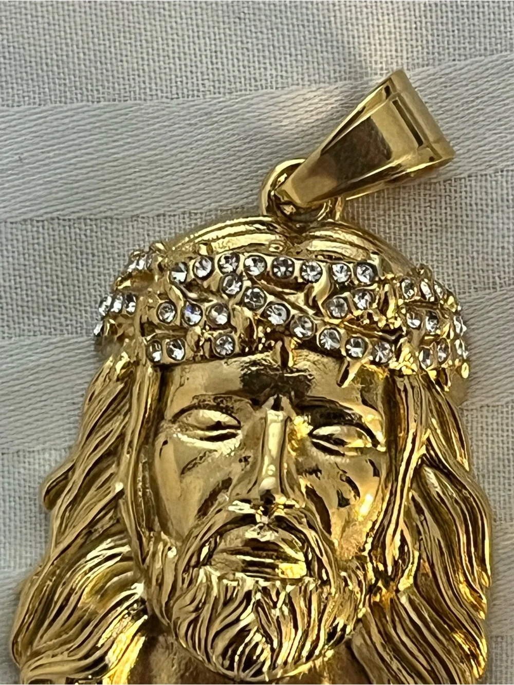 14K Gold Mens Jesus Head Pendant Stainless Steel Iced Out Simulated Diamonds Lux